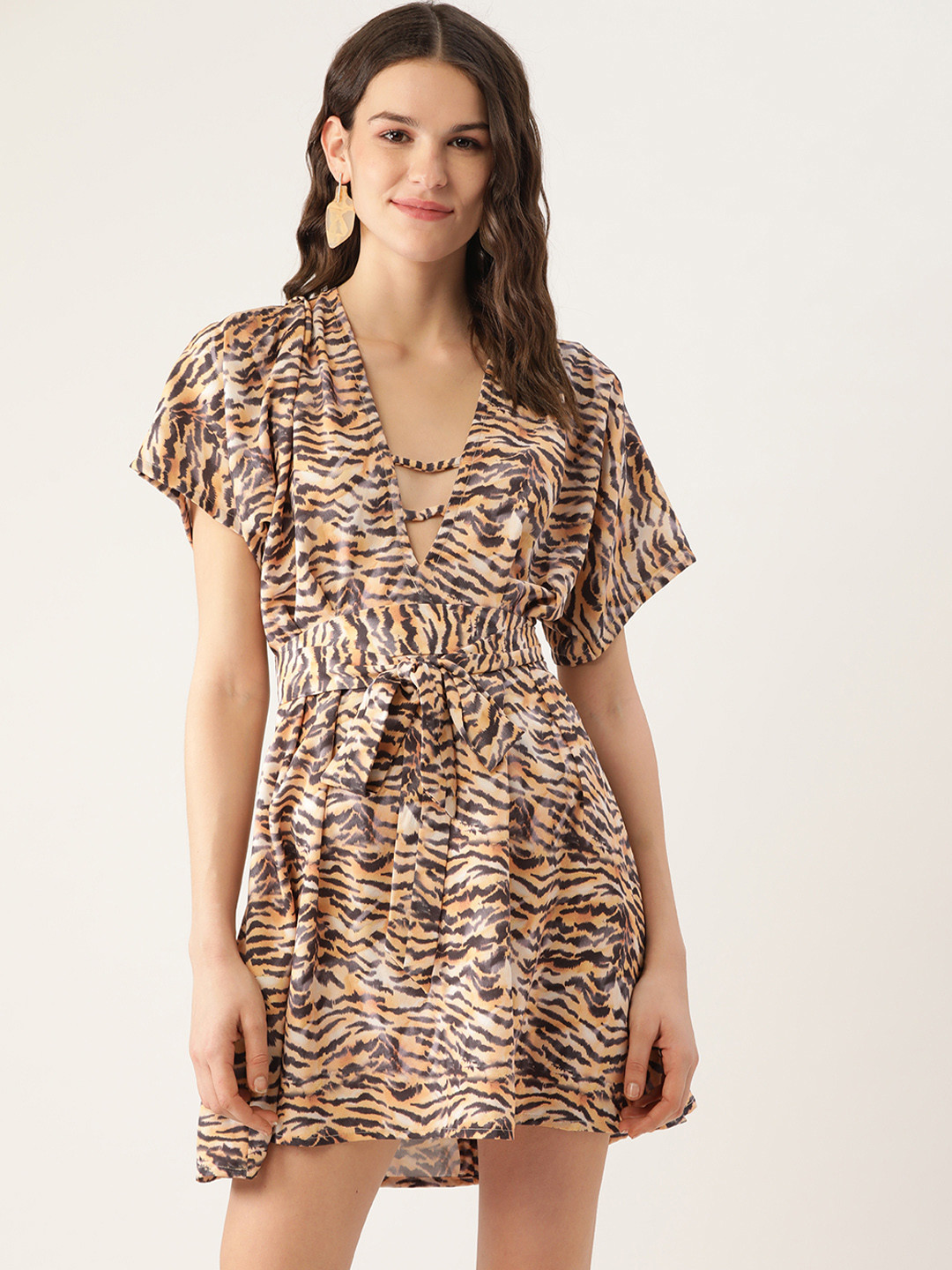 MELOSO Women Yellow & Charcoal Grey Animal Printed A-Line Dress