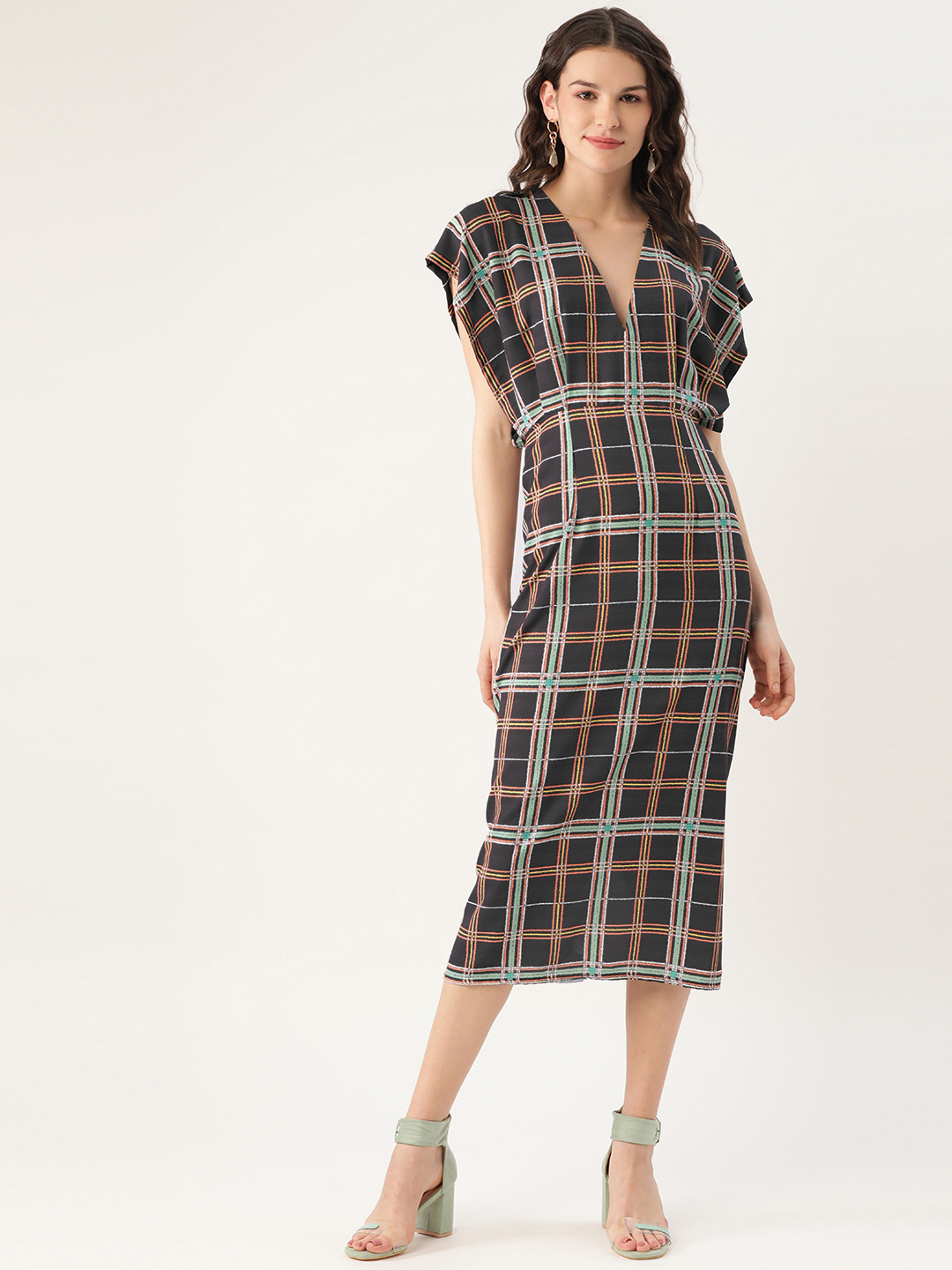 MELOSO Women Black & Orange Checked Sheath Dress