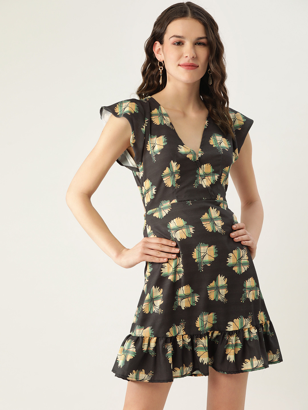 MELOSO Women Charcoal Grey & Yellow Floral Printed A-Line Dress
