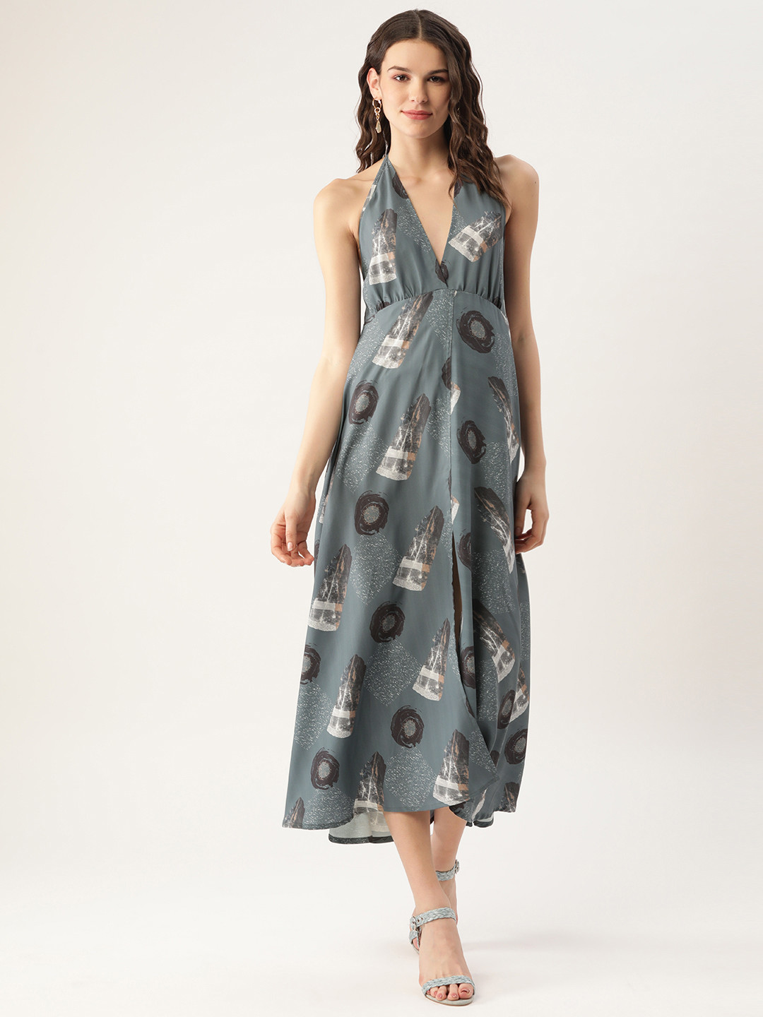 MELOSO Women Grey & White Abstract Printed Halter Neck A-Line Dress