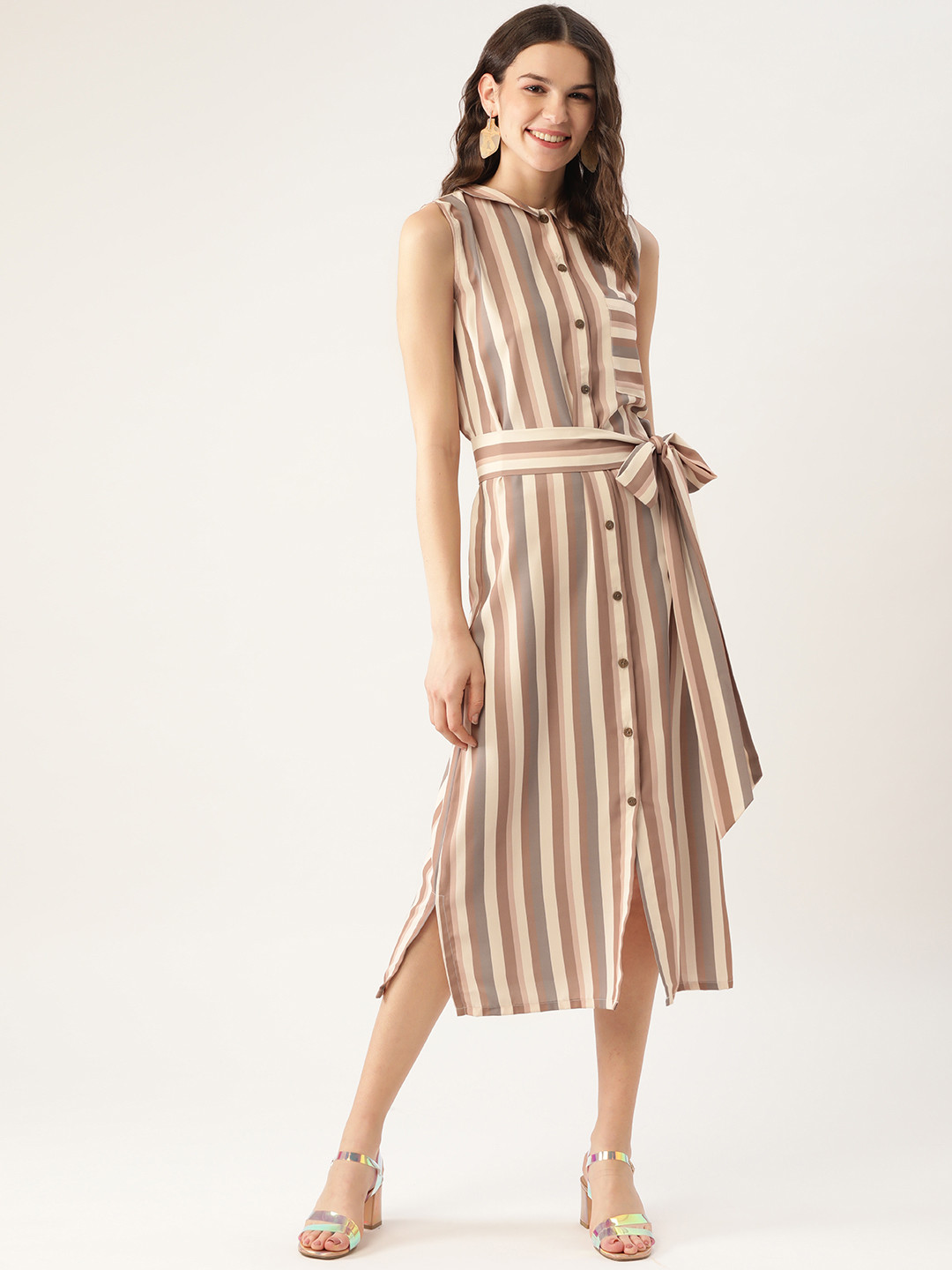 MELOSO Women Beige & Grey Striped Shirt Dress With Belt