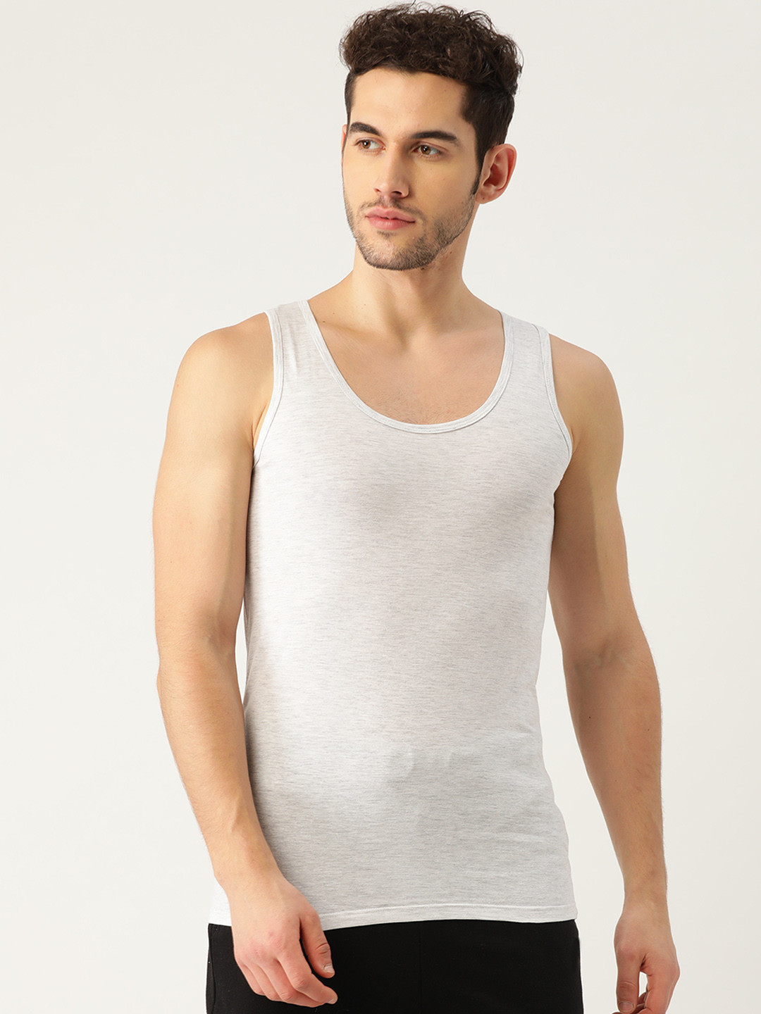 ROMEO ROSSI Men Grey Melange Solid Combed Cotton Innerwear Vest