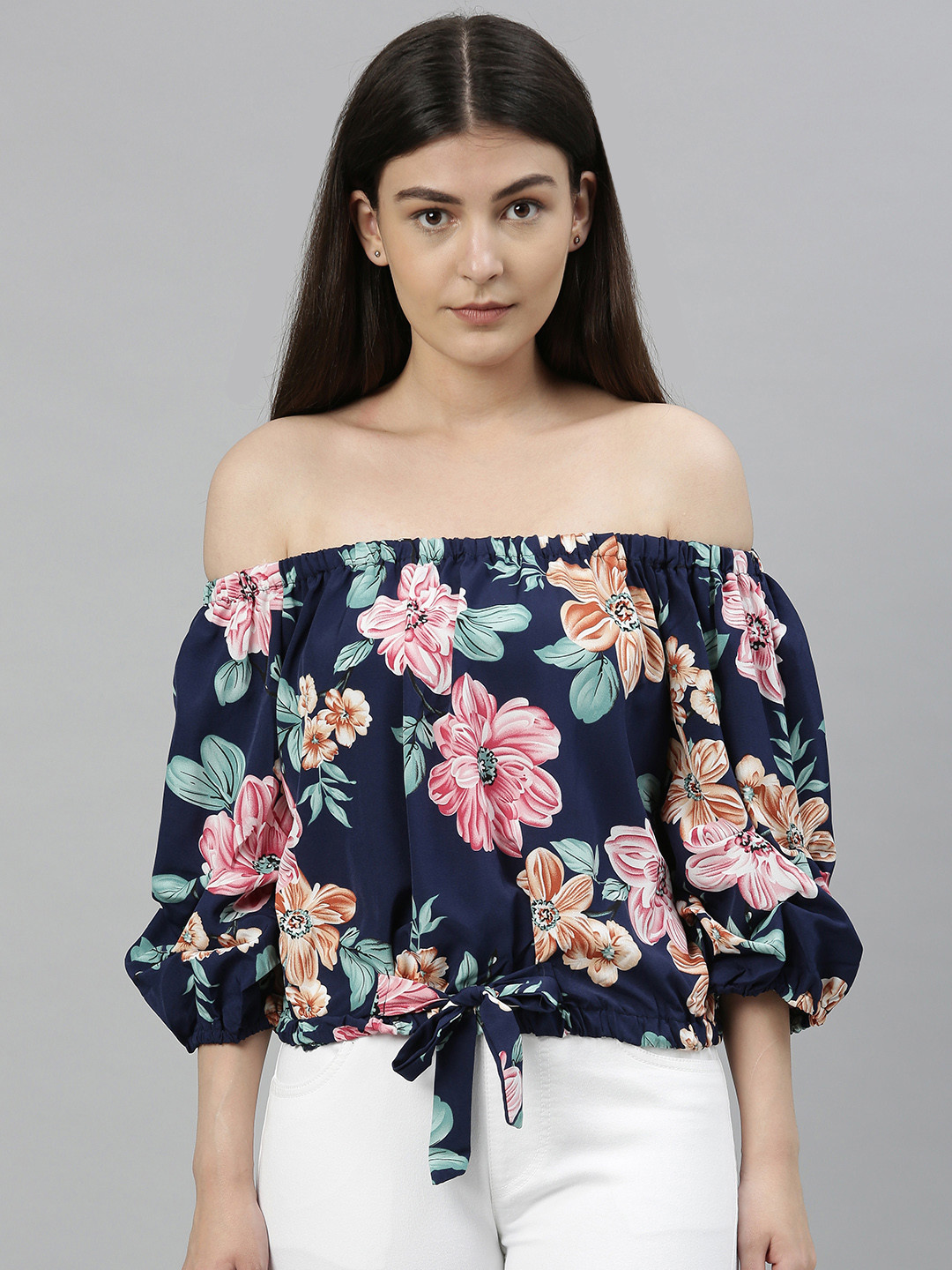 RHHENSO Women Navy Blue Printed Bardot Top with Waist & Sleeve Tie-up