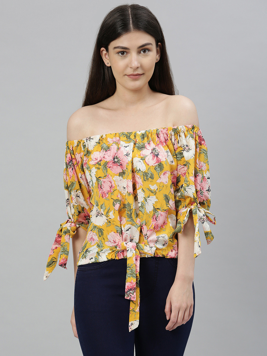 RHHENSO Women Yellow Printed Bardot Top with Waist & Sleeve Tie-up