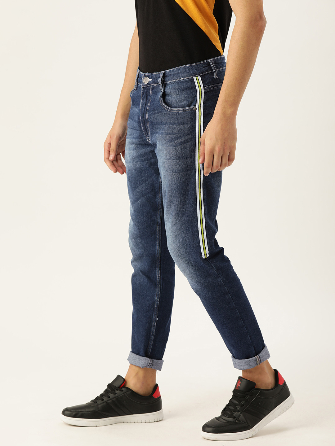 Campus Sutra Men Blue Slim Fit Bio Wash Mid-Rise Clean Look Jeans with Side Stripes