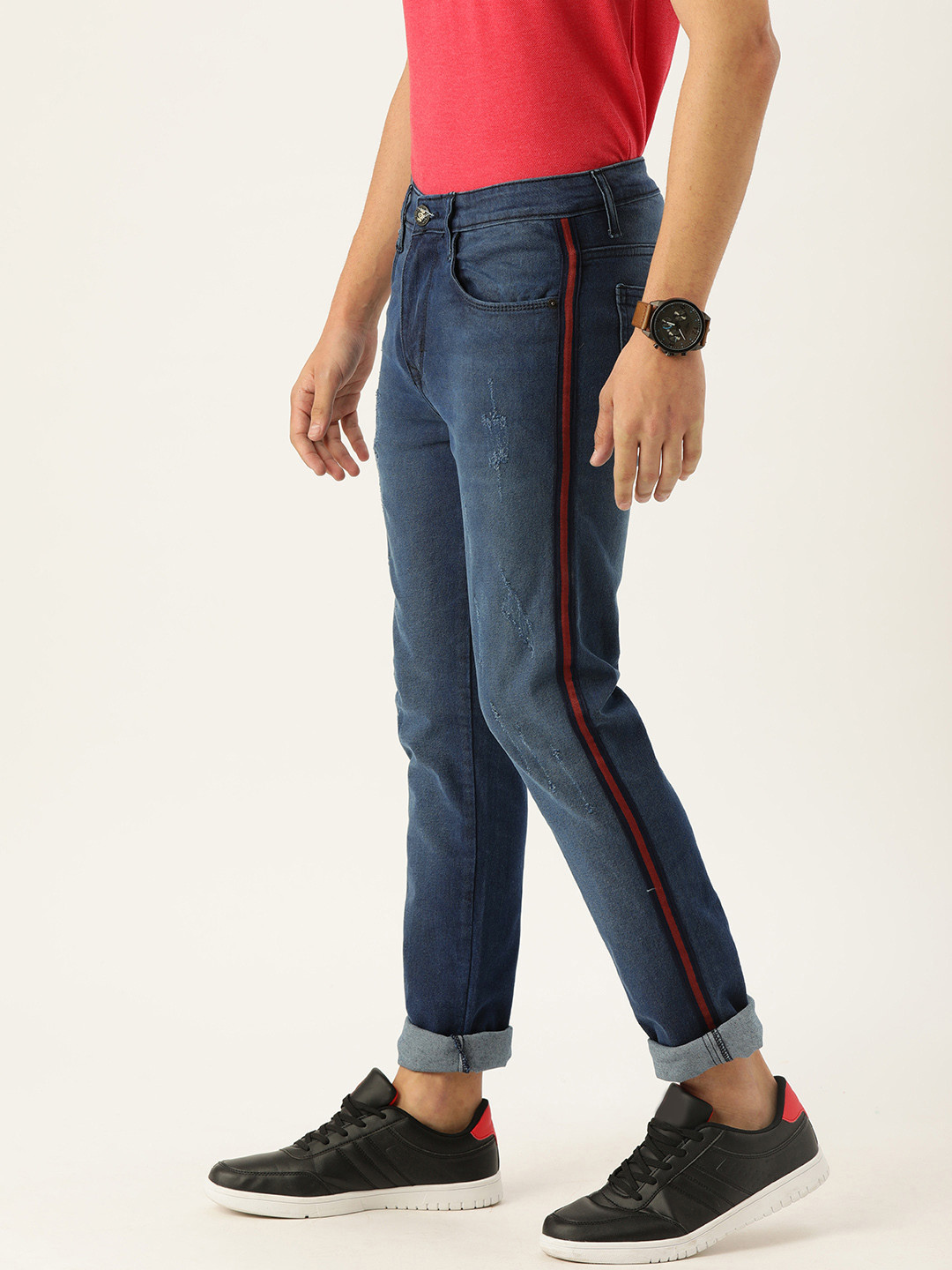 Campus Sutra Men Navy Blue Slim Fit Mid-Rise Mildly Distressed Jeans With Side Stripes