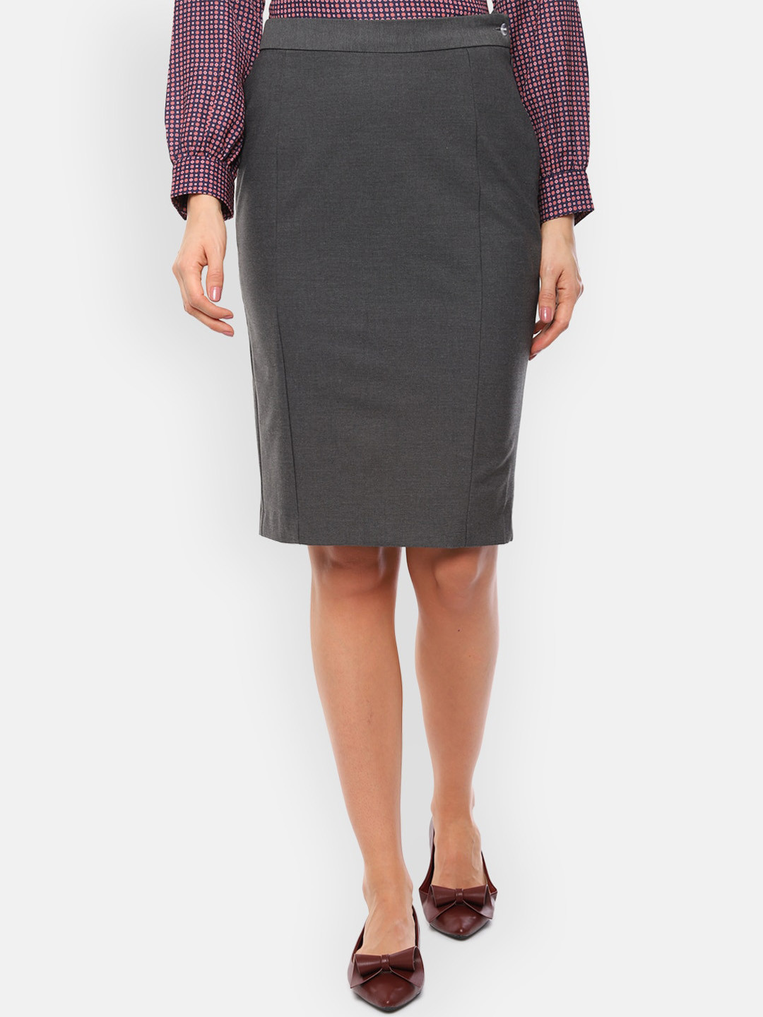 Van Heusen Grey Solid Pencil Skirt