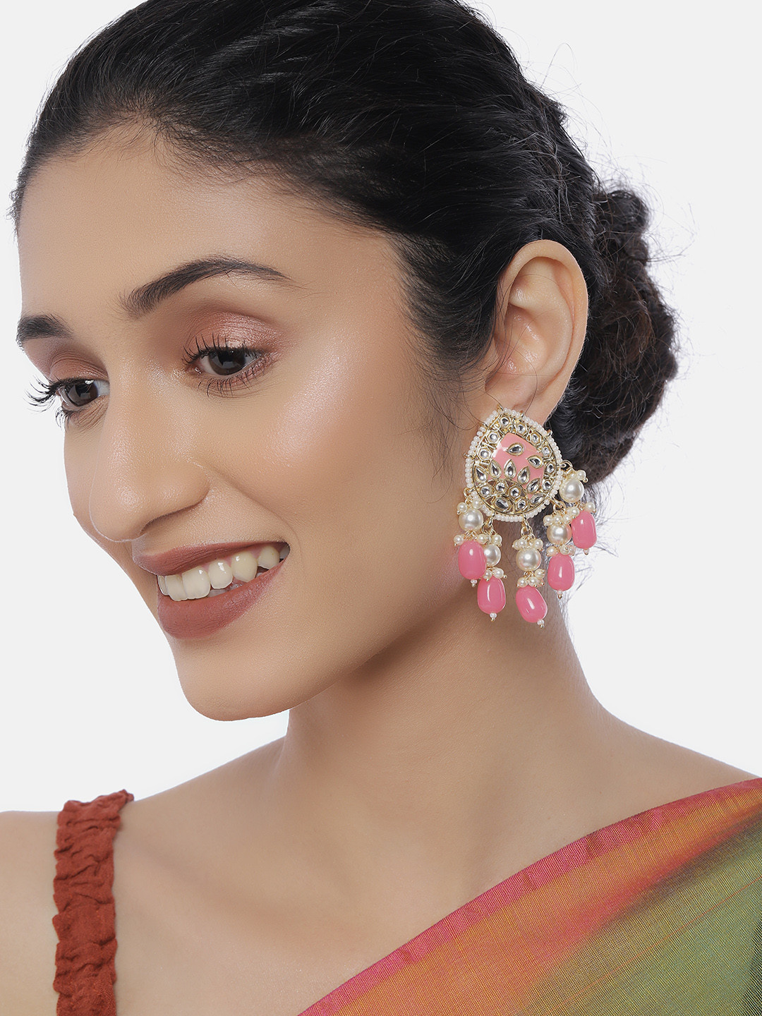 LAIDA Gold-Plated & Pink Kundan Studded Classic Drop Earrings