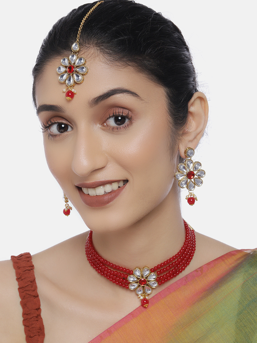 LAIDA Women Gold-Plated & Red Jewellery Set With Maangtika