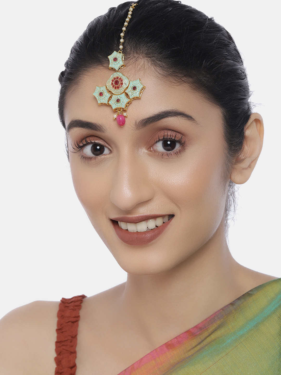 LAIDA Red & Green Gold-Plated Enamelled Handcrafted Maang Tikka