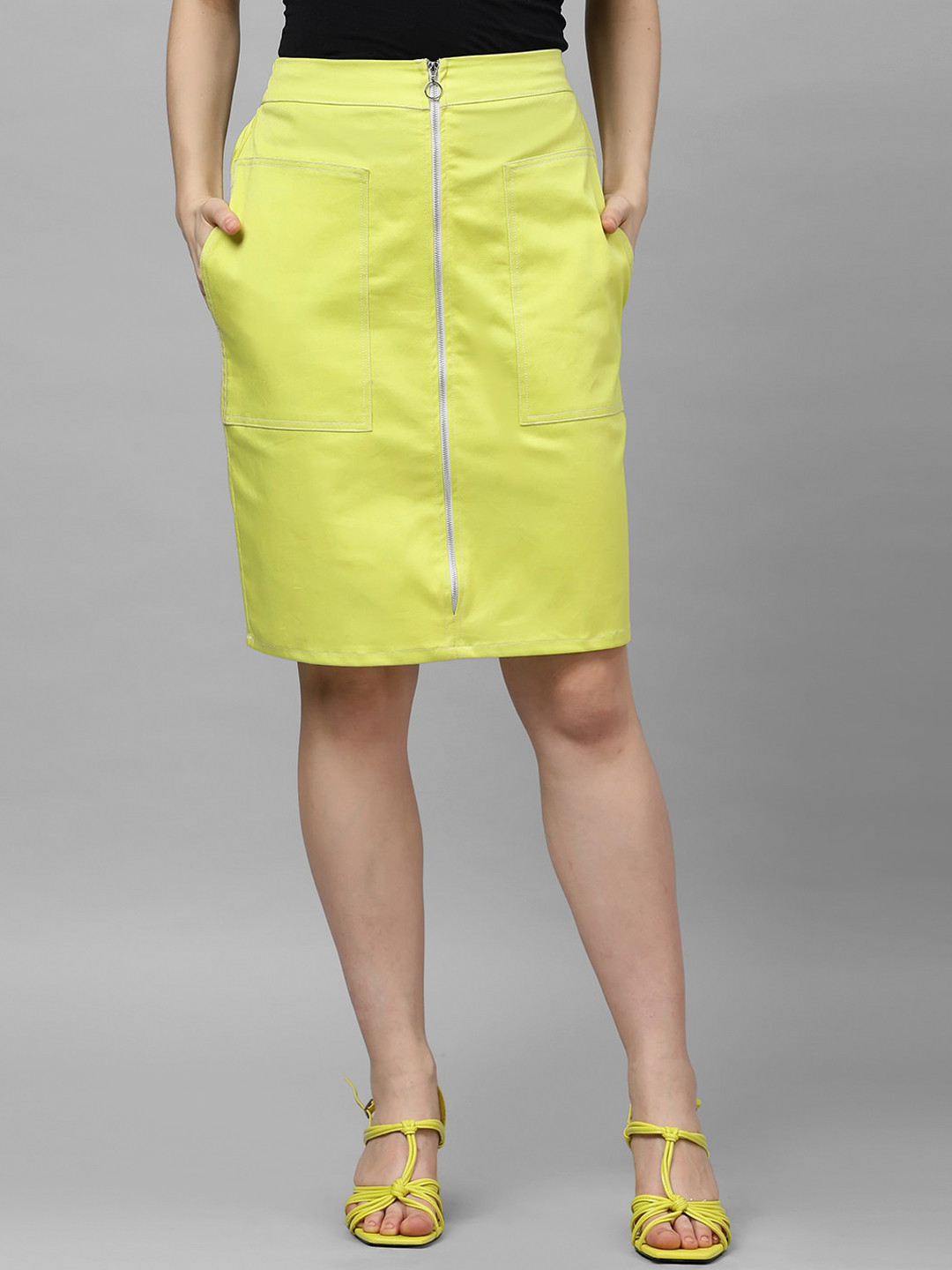 Athena Women Lime Green Solid Denim Pencil Skirt