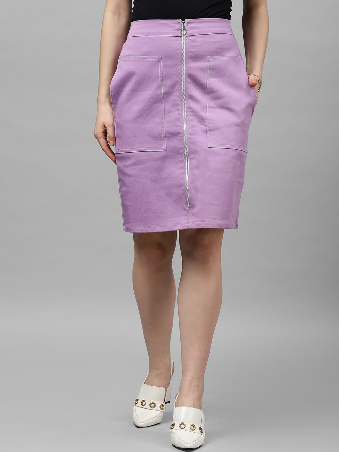 Athena Women Lavender Solid Denim Pencil Skirt