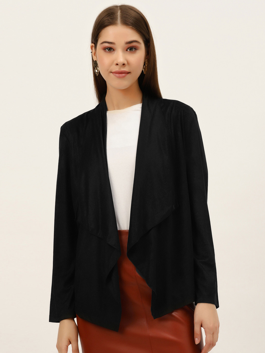 DODO & MOA Women Black Suede Finish Solid Open Front Shrug