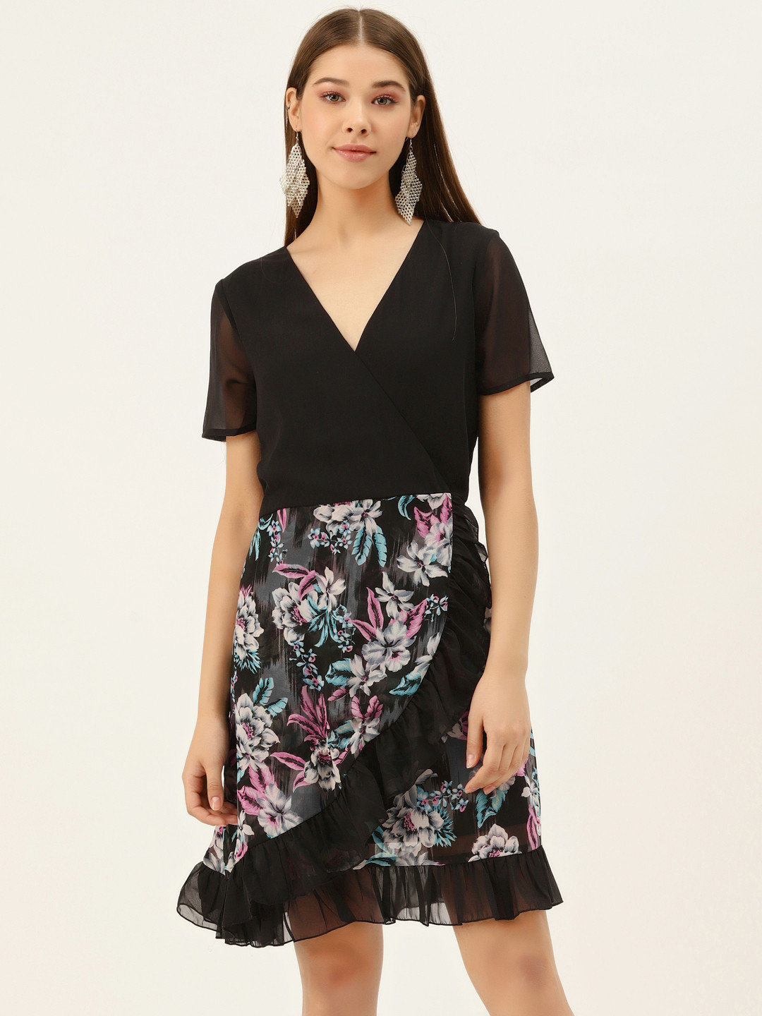 DODO & MOA Women Black & Pink Floral Wrap Dress