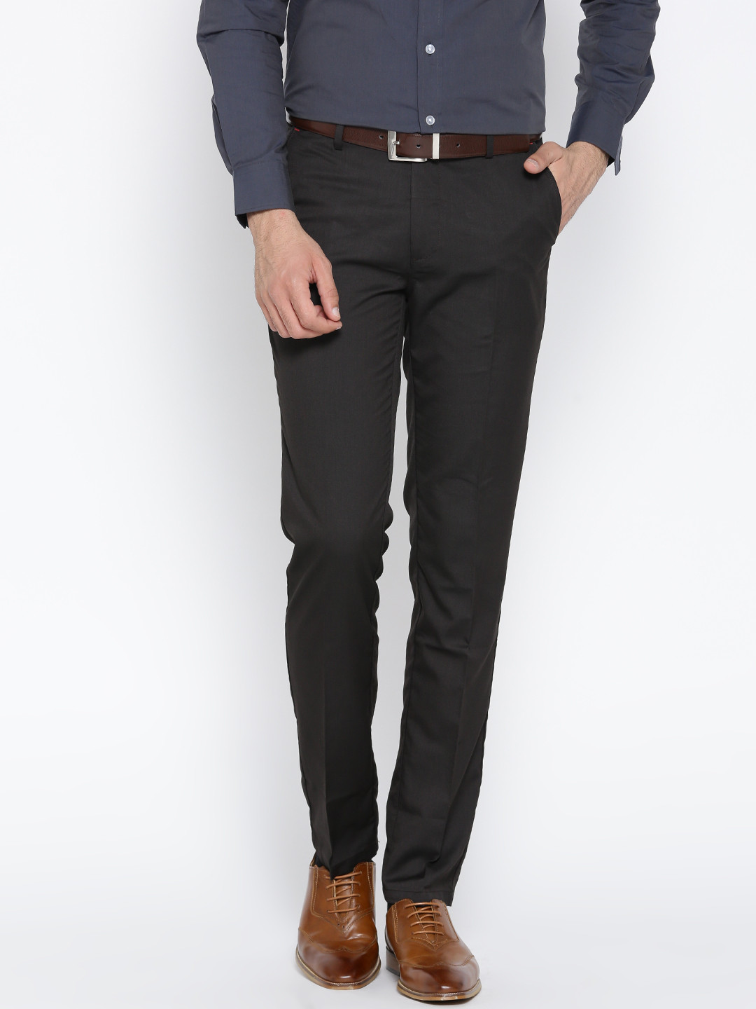Wills Lifestyle Men Brown Solid Slim Fit Flat-Front Trousers
