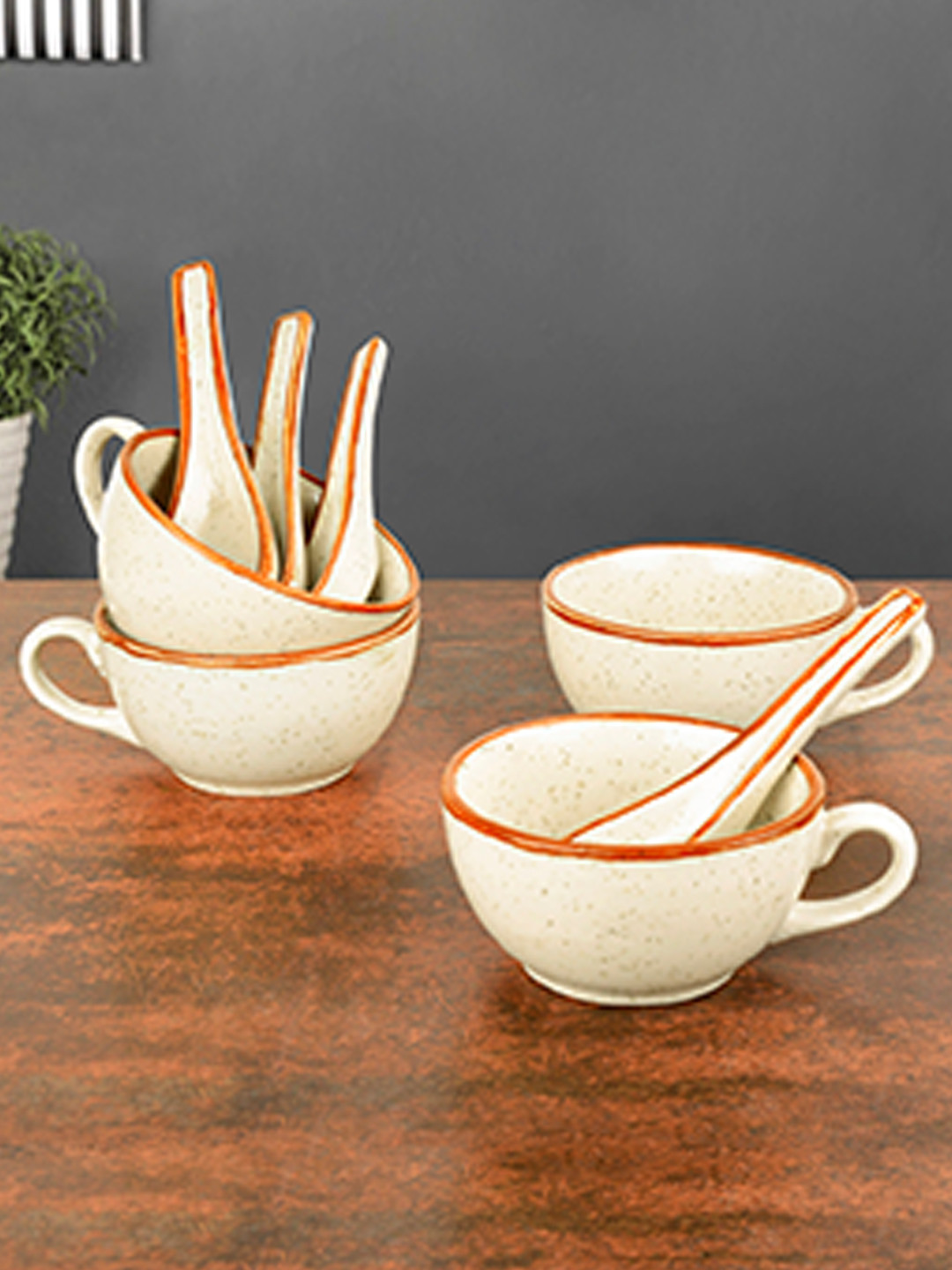 StyleMyWay Set of 4 Off- White Hand Glazed Lead Free Ceramic Soup Cups with Spoons