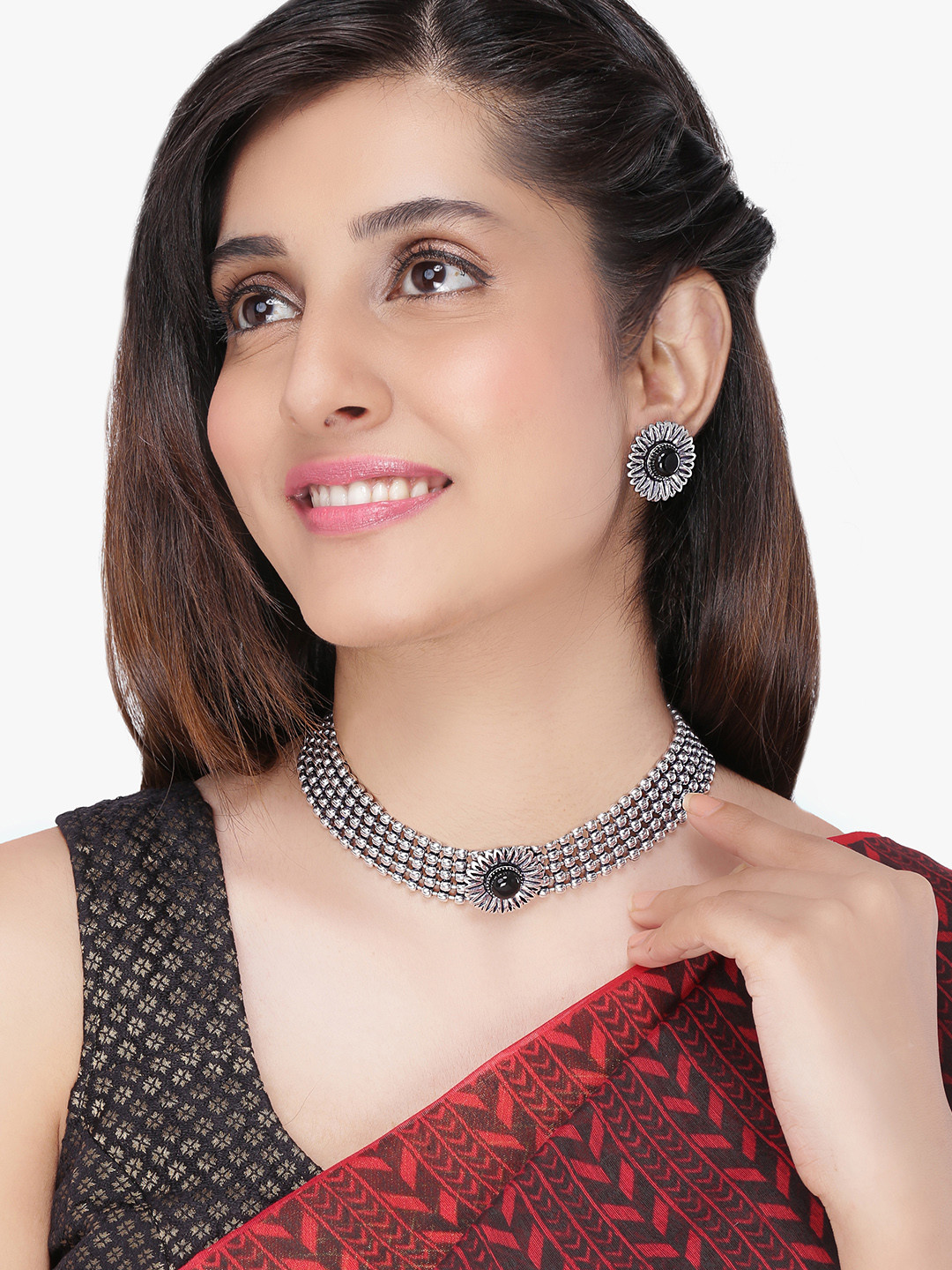 Yellow Chimes Women Silver-toned Oxidised Floral Choker Necklace Set