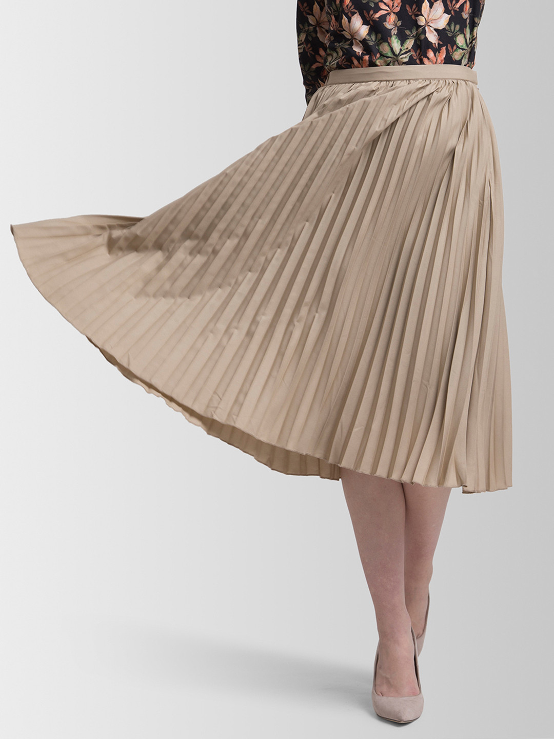 FableStreet Beige Accordion Pleated Midi Skirt