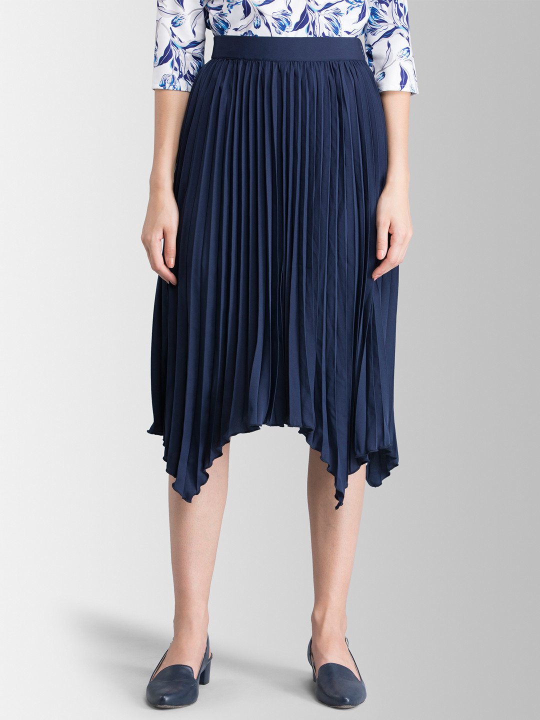 FableStreet Women Navy Blue Solid Asymmetric Accordion Pleated Skirt