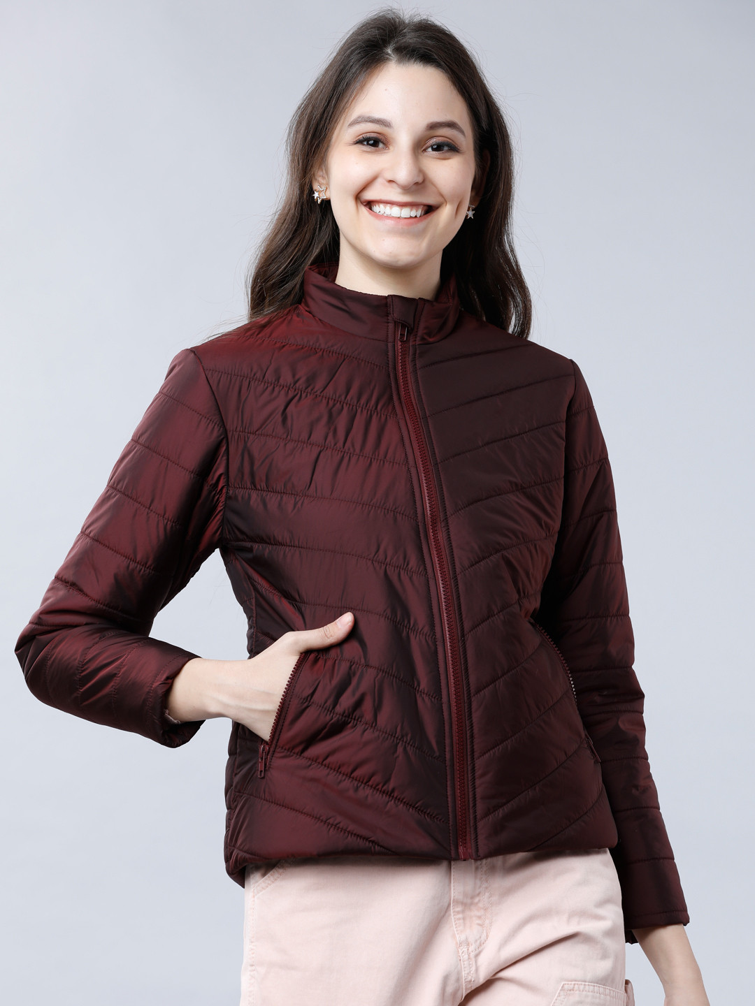 Tokyo Talkies Women Burgundy Solid Puffer Jacket