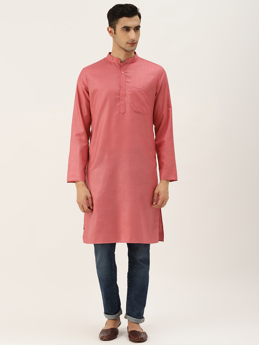 Molly & Michel Men Pink Solid Cotton Straight Kurta
