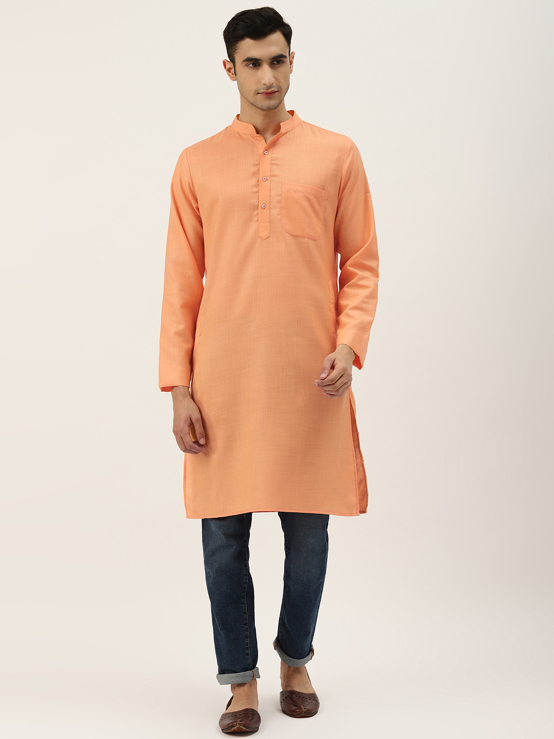 Molly & Michel Men Peach-Coloured Solid Cotton Straight Kurta