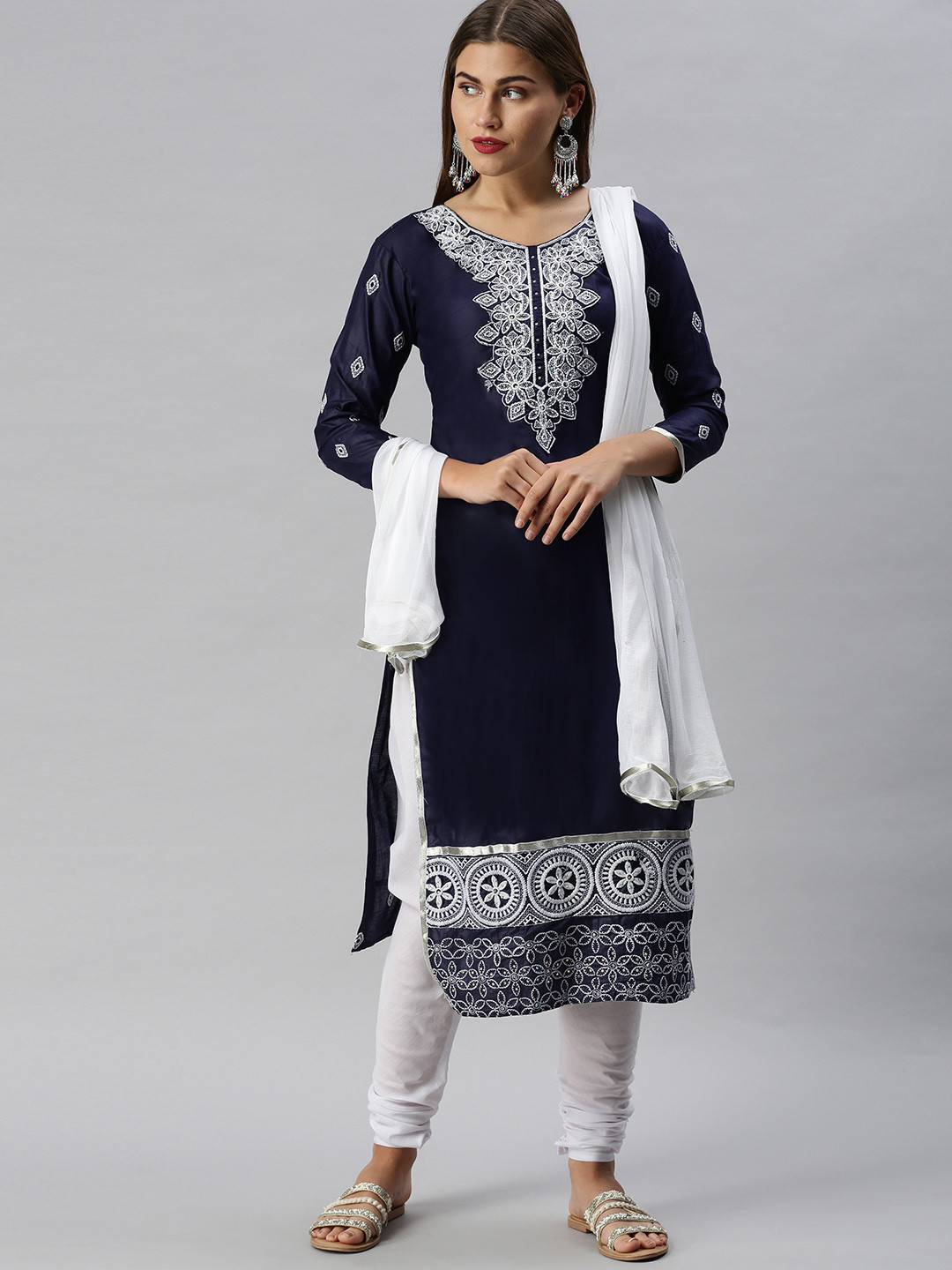 Blissta Blue & White Cotton Blend Unstitched Dress Material