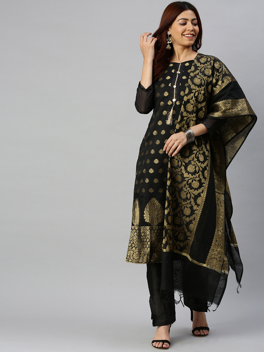 Blissta Black & Gold-Coloured Silk Blend Unstitched Dress Material