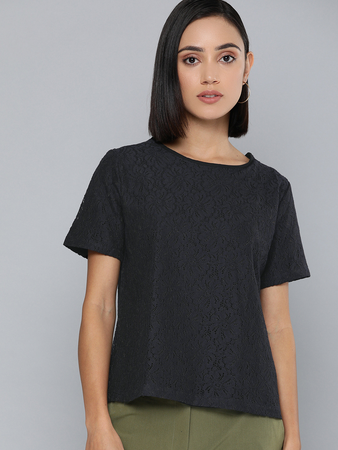 Chemistry Women Black Self Design Lace Top
