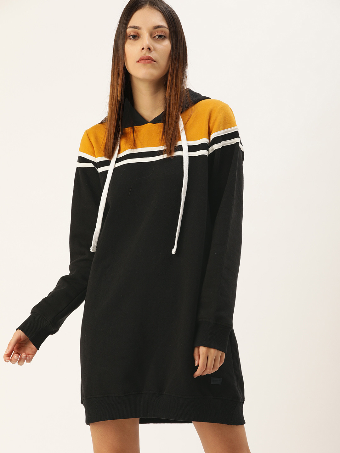 Campus Sutra Women Black & Mustard Yellow Colourblocked Hooded Jumper Dress