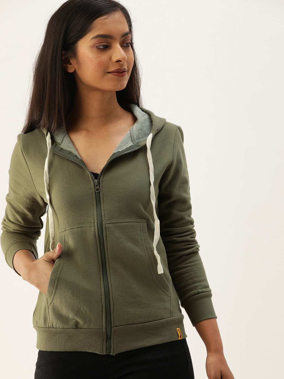 PINACOLADA Women Olive Green Solid Hooded Sweatshirt