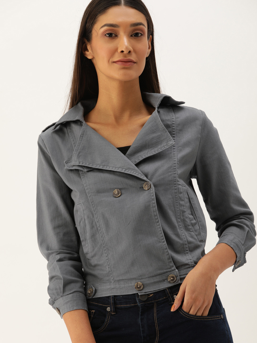 Campus Sutra Women Grey Solid Windcheater Denim Jacket
