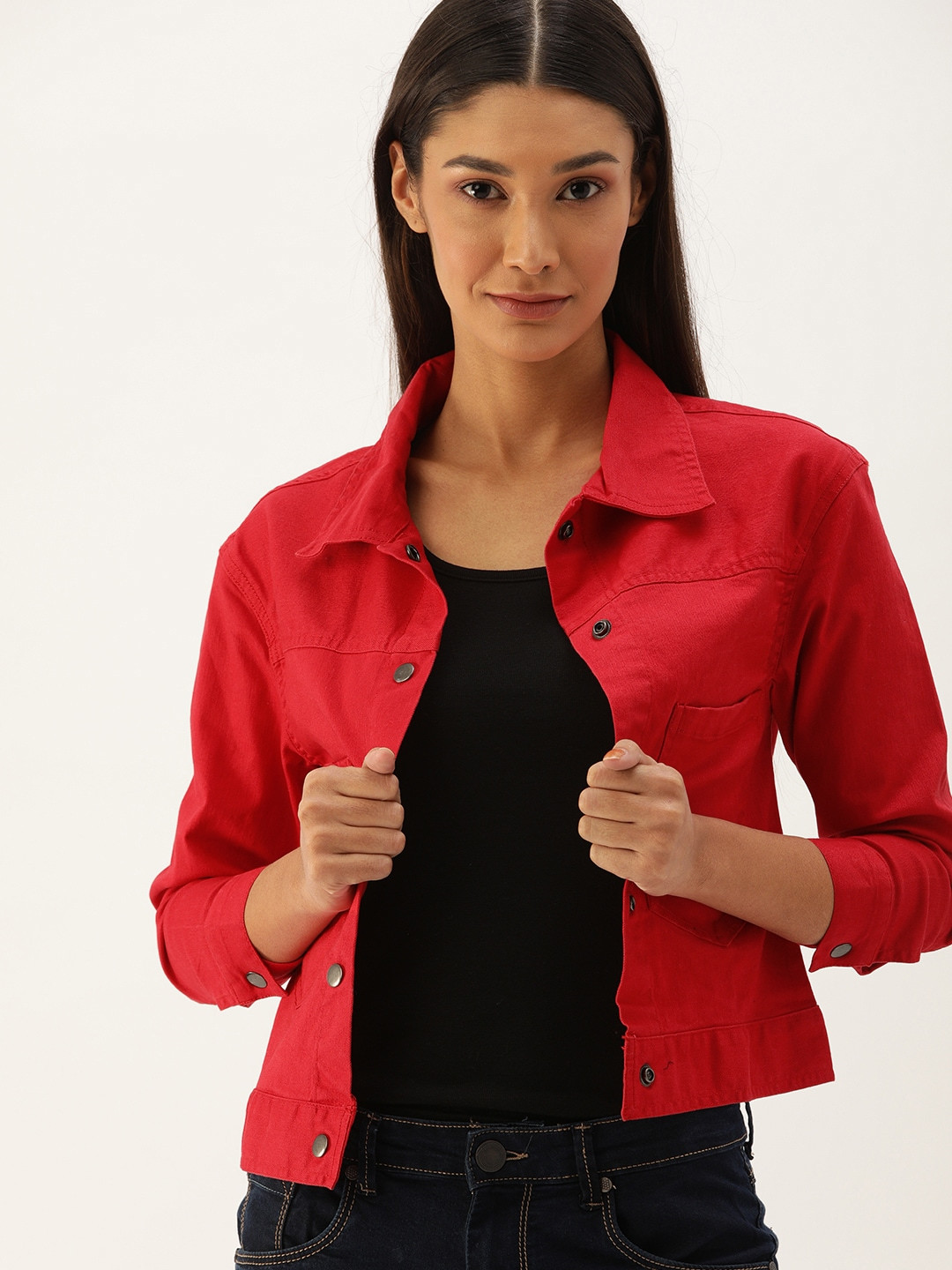Campus Sutra Women Red Solid Denim Jacket