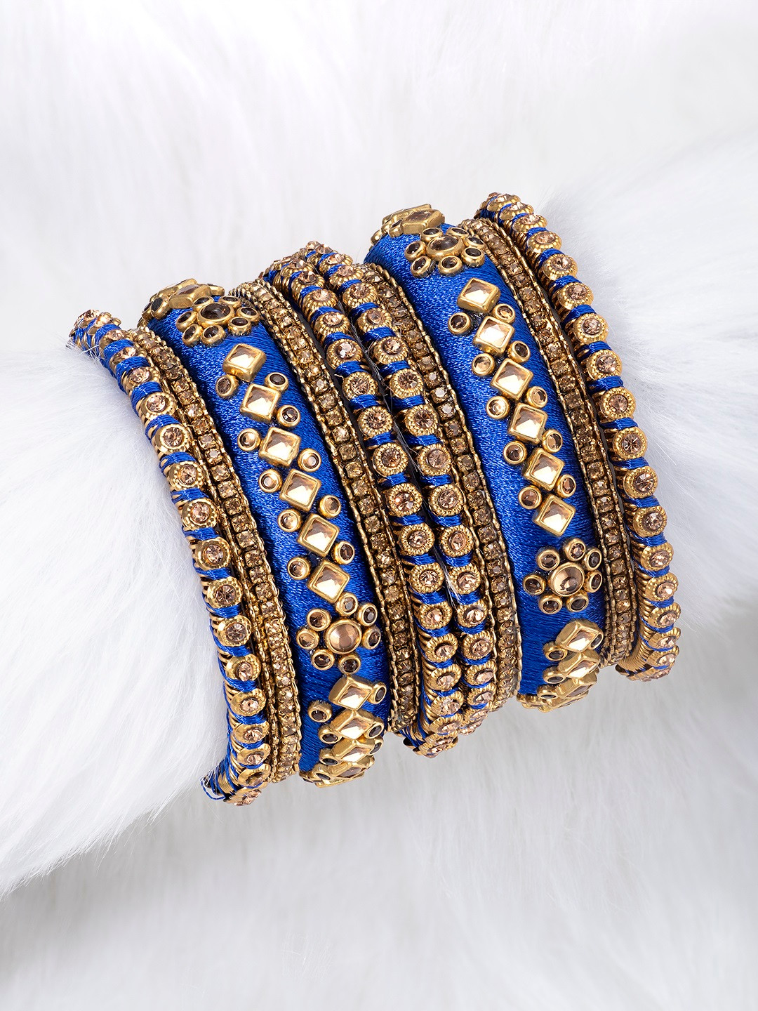 Peora Women Gold-Plated & Blue Velvet Silk Thread Chuda Chura Bangle Set