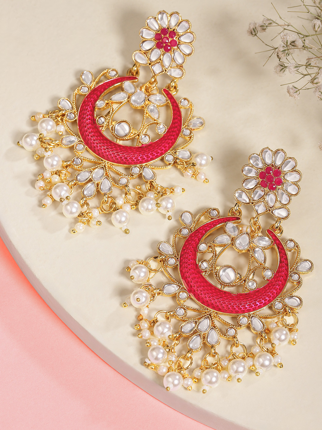 Peora Gold-Plated & Magenta Kundan Classic Drop Earrings