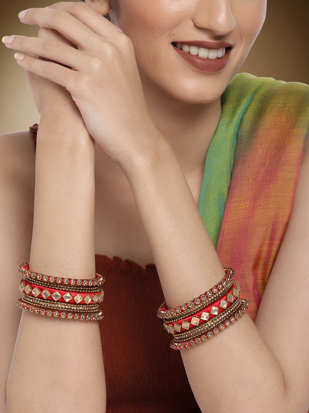 Peora Women Gold-Plated & Red Velvet Silk Thread Chuda Chura Bangle Set