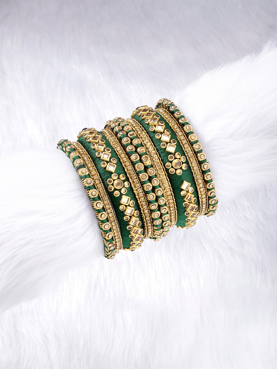 Peora Women Gold-Plated & Green Velvet Silk Thread Chuda Chura Bangle Set