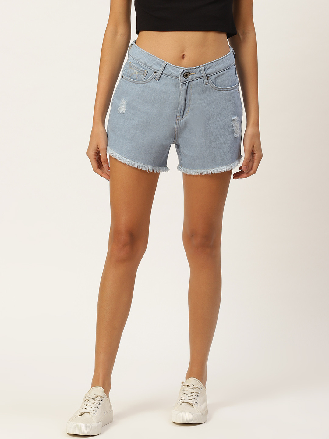 Xpose Women Blue Solid Loose Fit Mild Distressed Denim Shorts