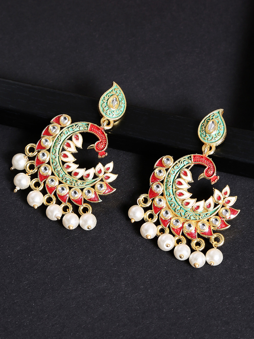 OOMPH Red & Green Peacock Shaped Chandbalis