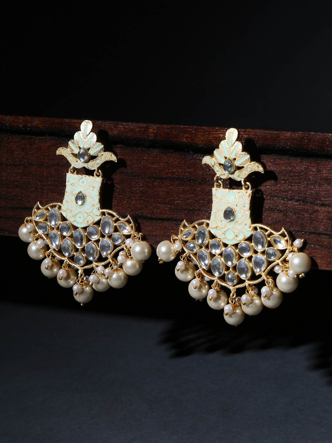 OOMPH Gold Plated Meenakari Enamel with Kundan & Pearls Contemporary Drop Earrings