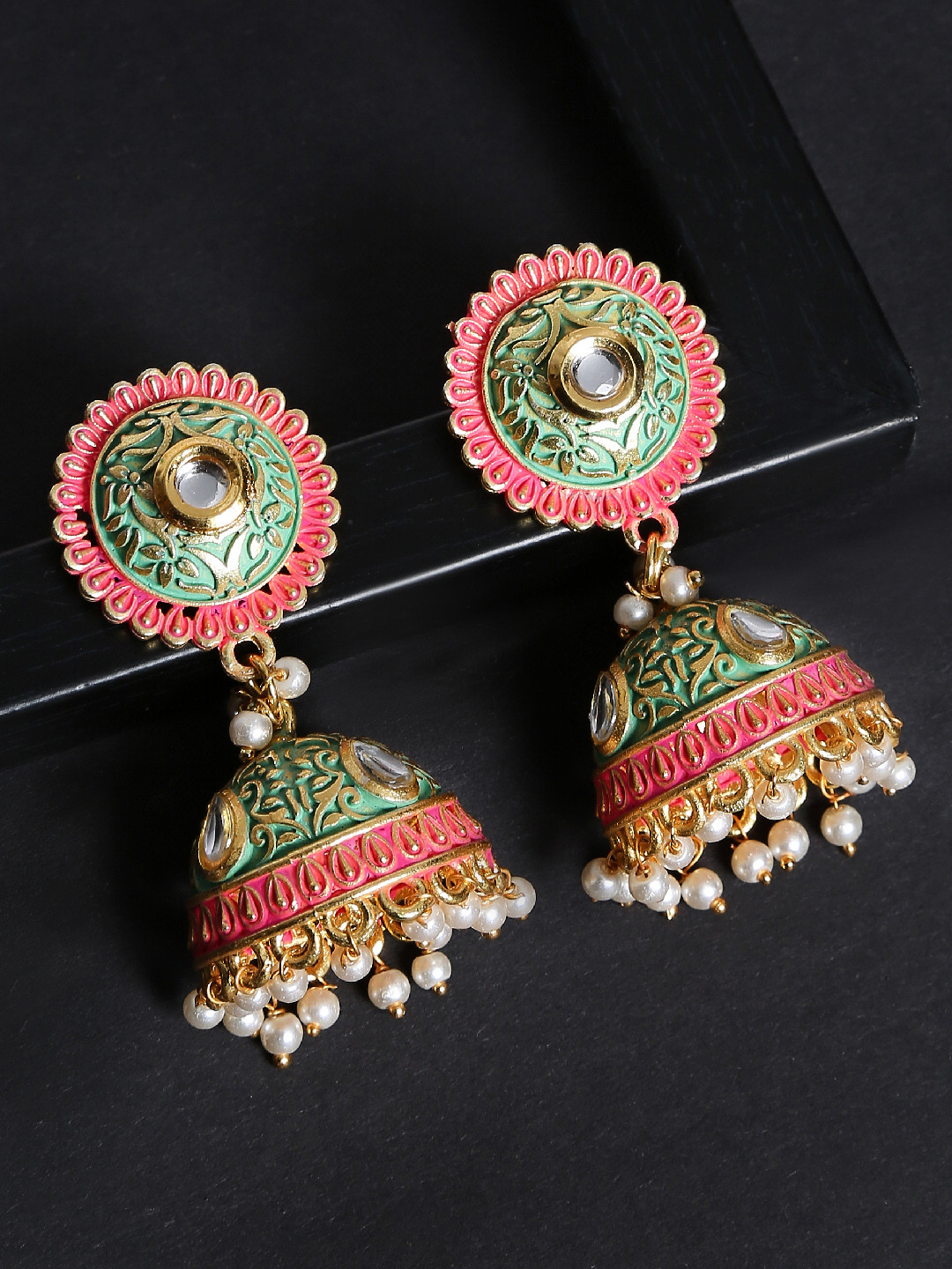 OOMPH Green & Pink Dome Shaped Jhumkas