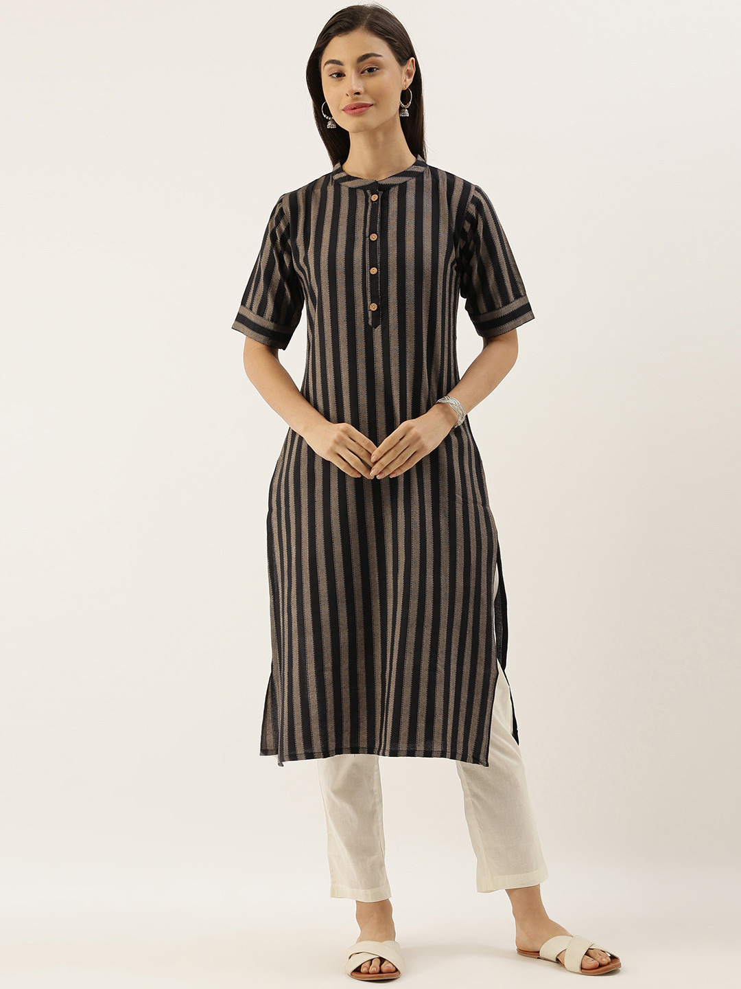 CATCHY Women Black & Grey Striped Straight Cotton Handloom Kurta