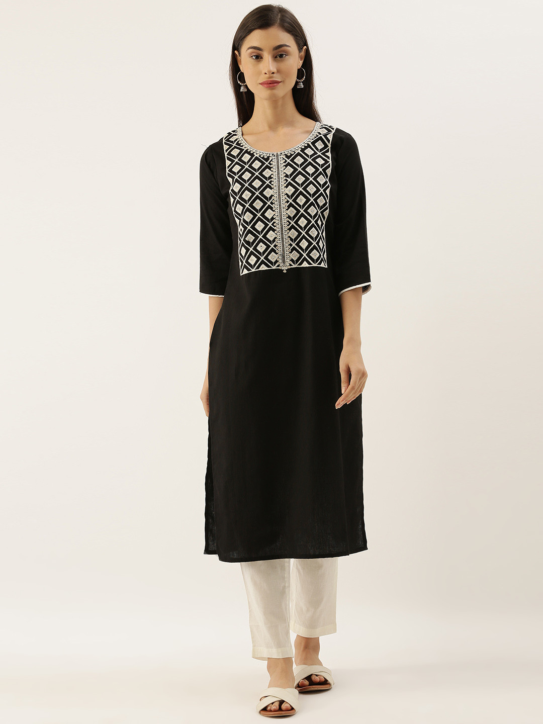 CATCHY Women Black Embroidered Yoke Design Straight Kurta
