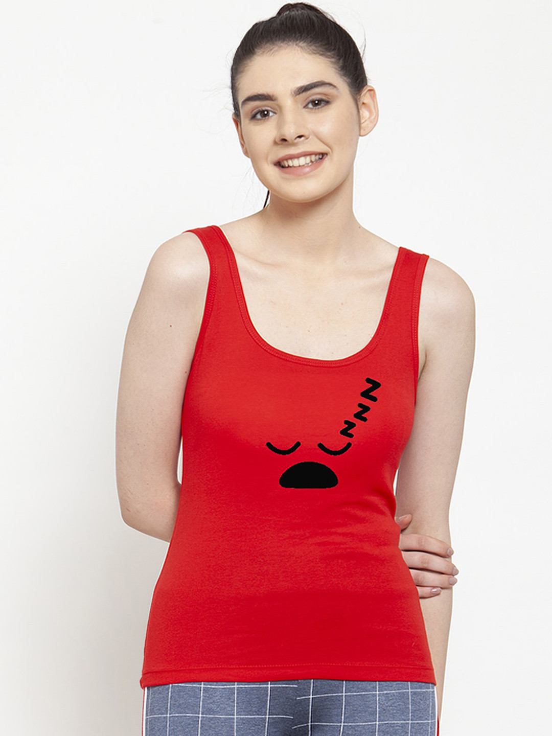 Friskers Women Red Printed Tank Pure Cotton Top
