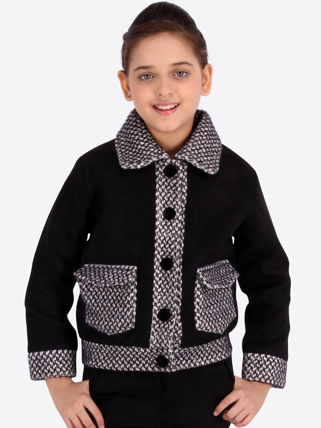 CUTECUMBER Girls Black Checked Full Sleeves Winter Coat