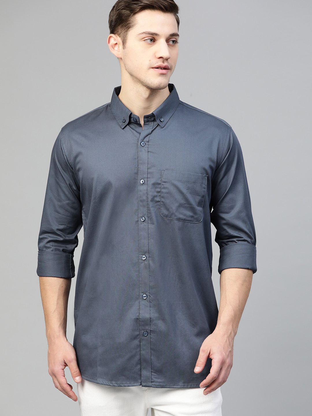 DENNISON Men Charcoal Grey Smart Slim Fit Solid Water & Stain Repellent Casual Shirt