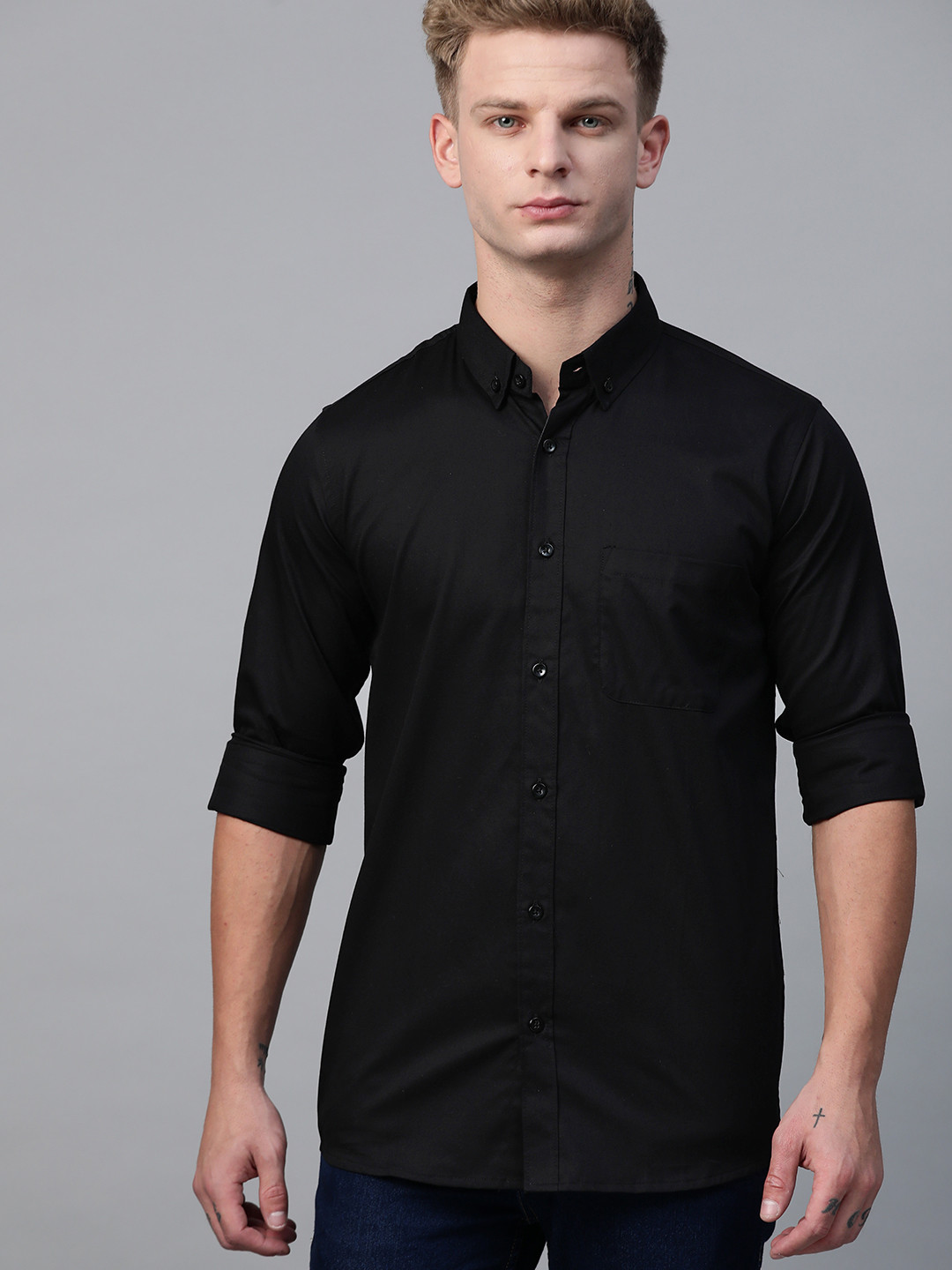 DENNISON Men Black Smart Slim Fit Solid Water & Stain Repellent Casual Shirt
