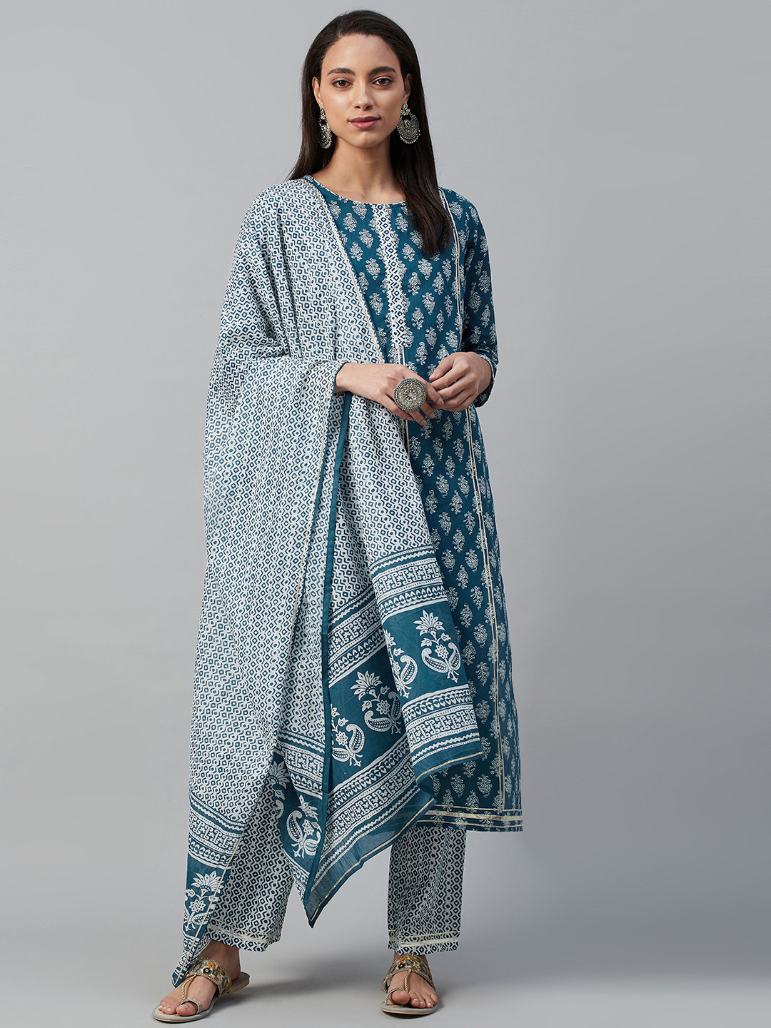 Yuris Women Navy Blue & White Printed Pure Cotton Kurta with Palazzos & Dupatta