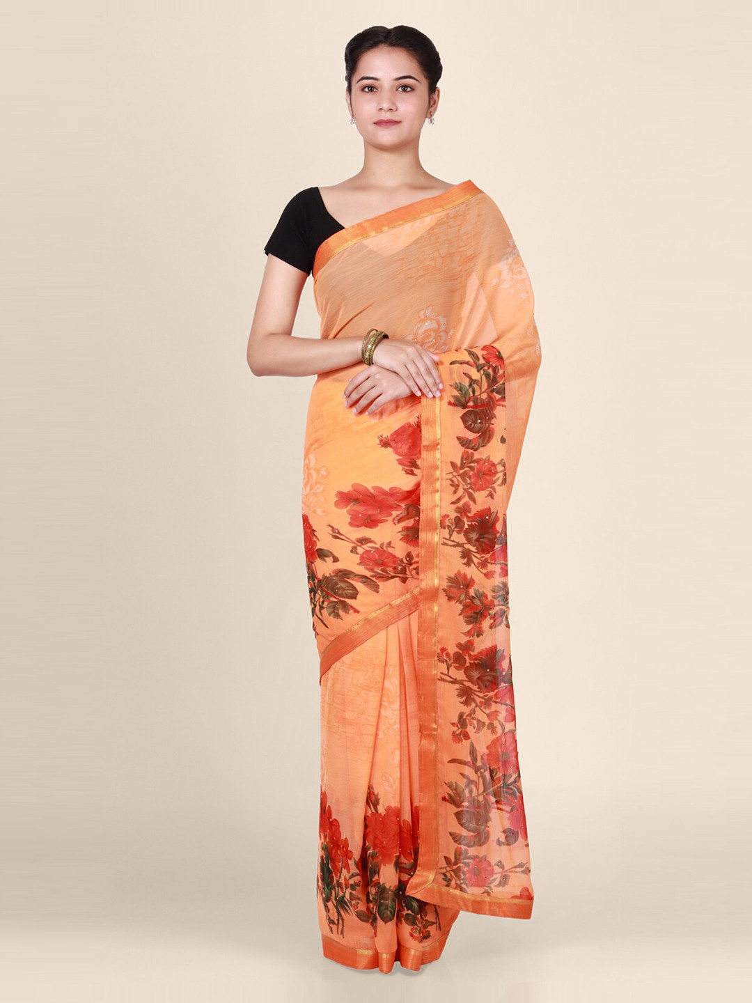 CLAI WORLD Orange & Red Poly Georgette Printed Saree