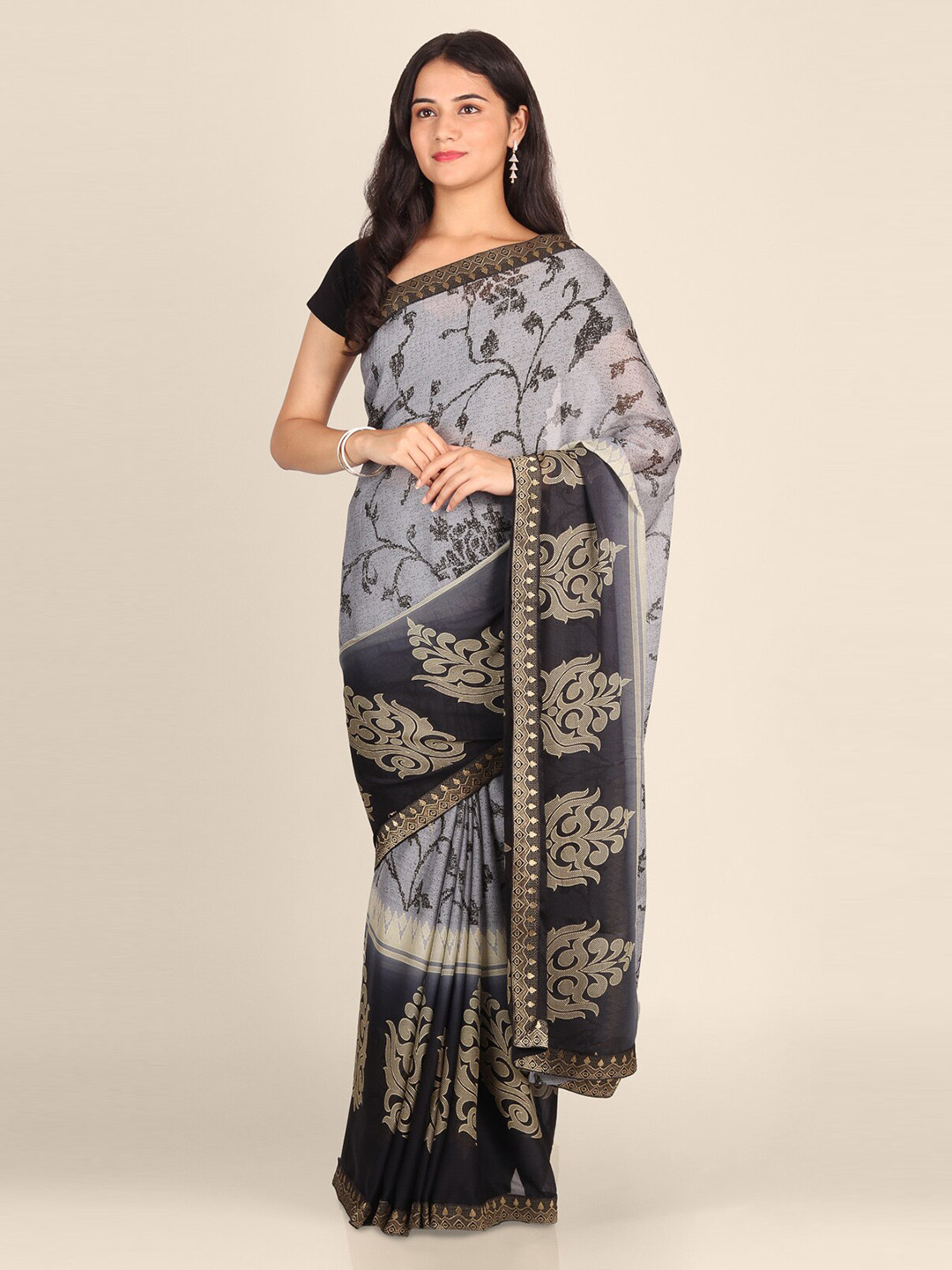 CLAI WORLD Black & Grey Poly Georgette Embroidered Saree